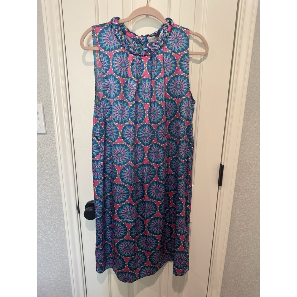 Tracy Negoshian Shift Dress Satin Pink Blue Bold Floral Mod 60s Brynly XL Large